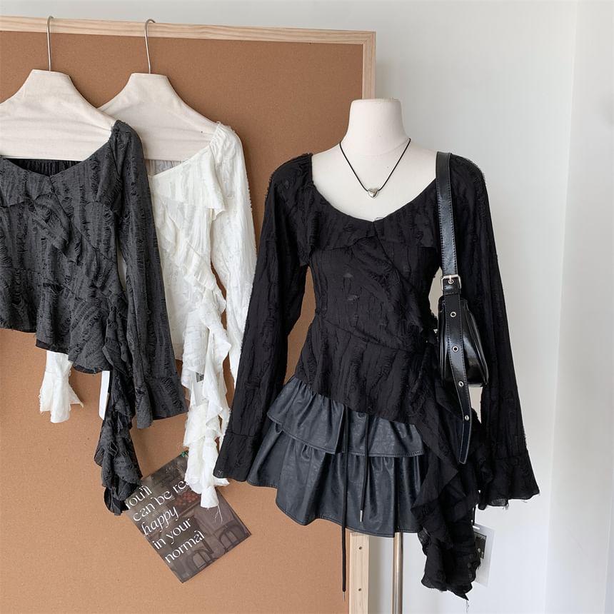 Long-Sleeve Scoop Neck Plain Ruffle Trim Asymmetrical Top
