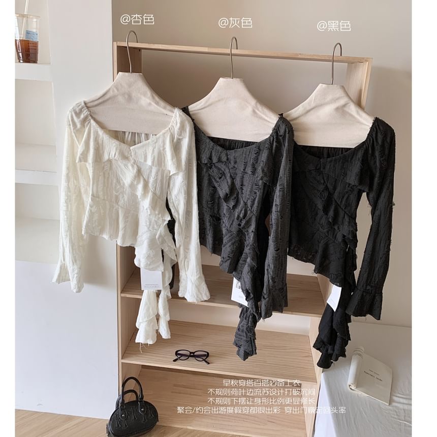 Long-Sleeve Scoop Neck Plain Ruffle Trim Asymmetrical Top