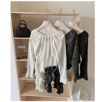 Long-Sleeve Scoop Neck Plain Ruffle Trim Asymmetrical Top