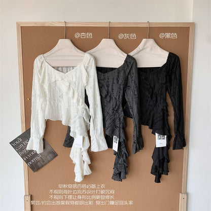 Long-Sleeve Scoop Neck Plain Ruffle Trim Asymmetrical Top