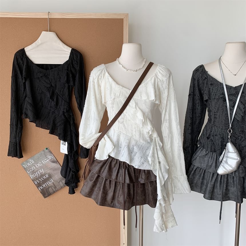 Long-Sleeve Scoop Neck Plain Ruffle Trim Asymmetrical Top
