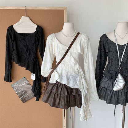 Long-Sleeve Scoop Neck Plain Ruffle Trim Asymmetrical Top