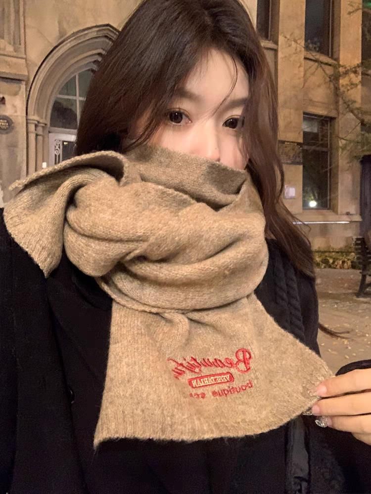 Plaid / Lettering Embroidered / Plain Scarf
