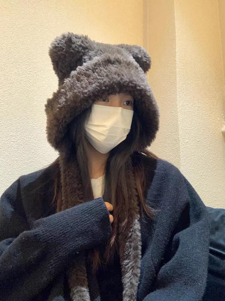 Plain Bear Ear Fluffy Hat / Ribbed Beanie