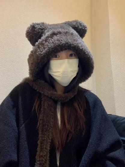 Plain Bear Ear Fluffy Hat / Ribbed Beanie