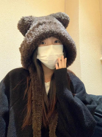 Plain Bear Ear Fluffy Hat / Ribbed Beanie