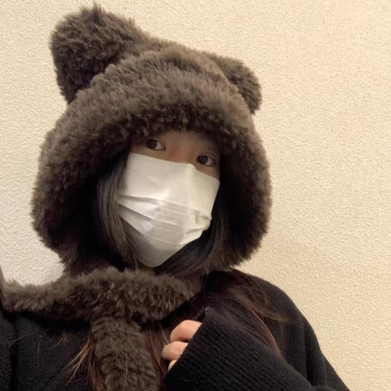 Plain Bear Ear Fluffy Hat / Ribbed Beanie