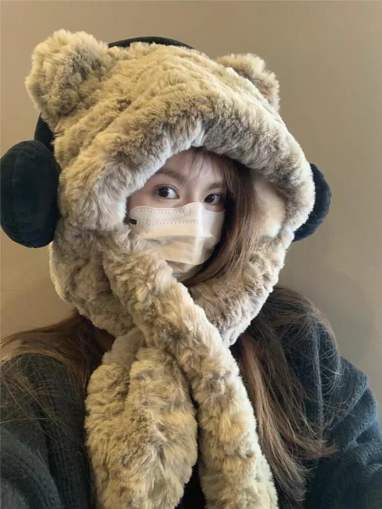 Bear Ear Fluffy Hooded Scarf / Ribbed Beanie