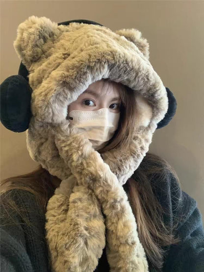 Bear Ear Fluffy Hooded Scarf / Ribbed Beanie