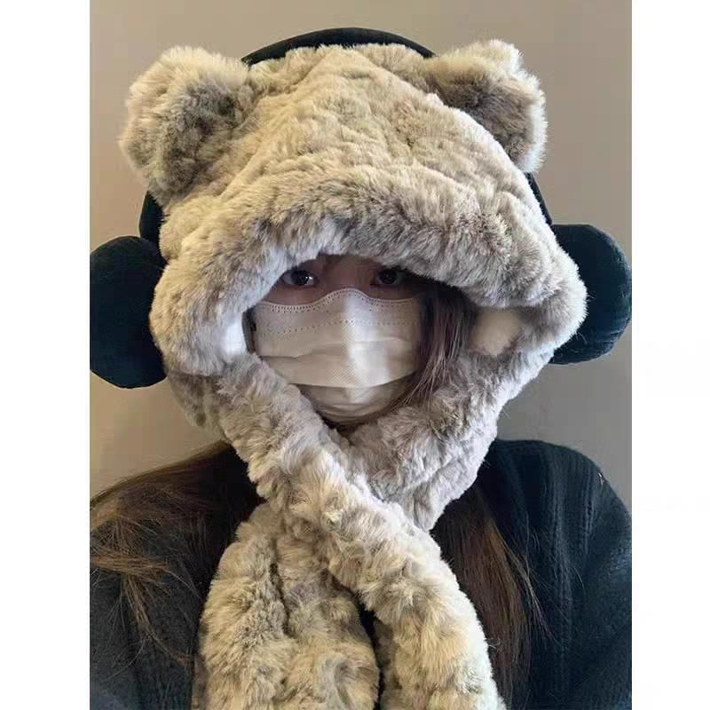 Bear Ear Fluffy Hooded Scarf / Ribbed Beanie