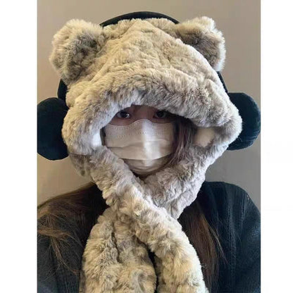 Bear Ear Fluffy Hooded Scarf / Ribbed Beanie