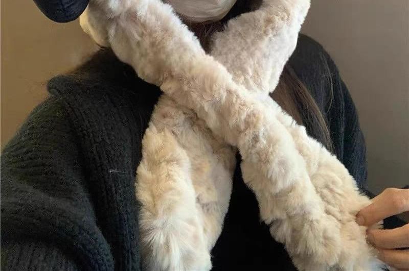 Bear Ear Fluffy Hooded Scarf / Ribbed Beanie