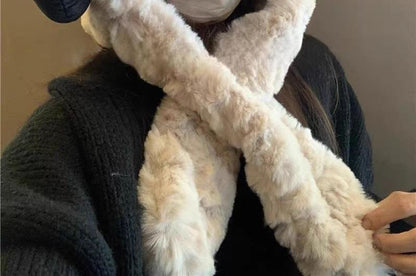 Bear Ear Fluffy Hooded Scarf / Ribbed Beanie