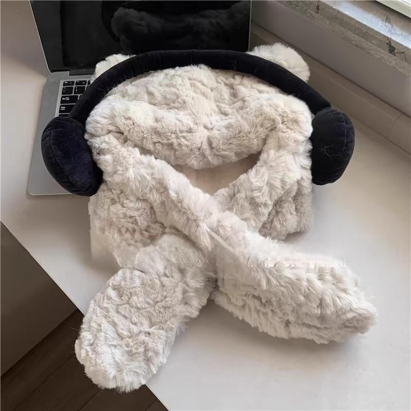 Bear Ear Fluffy Hooded Scarf / Ribbed Beanie