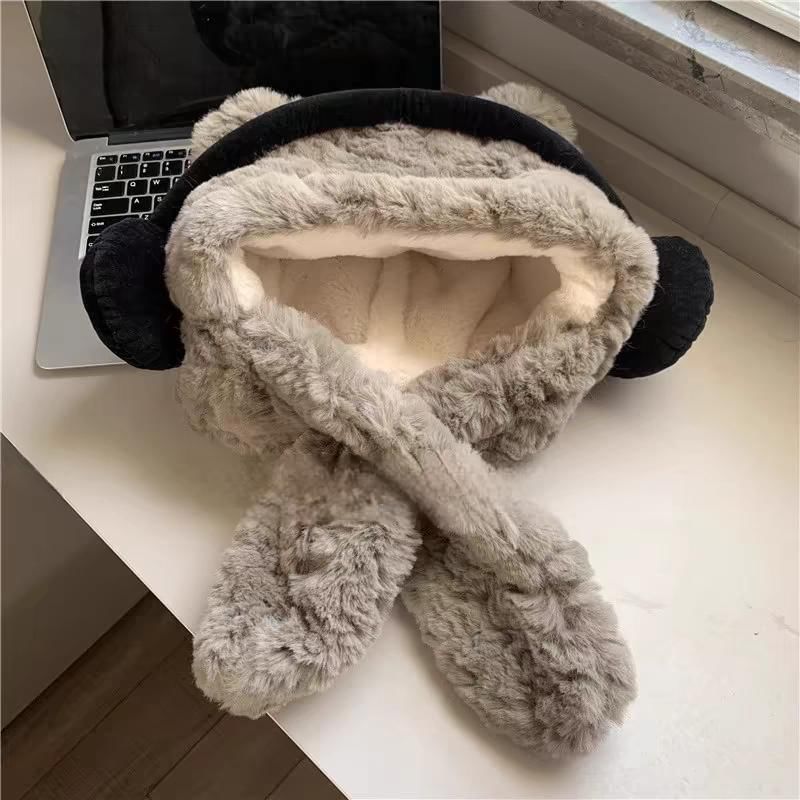 Bear Ear Fluffy Hooded Scarf / Ribbed Beanie