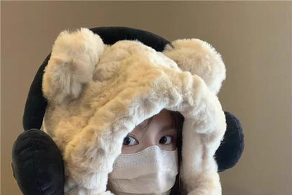 Bear Ear Fluffy Hooded Scarf / Ribbed Beanie