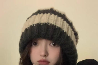 Striped / Plain Ribbed Beanie