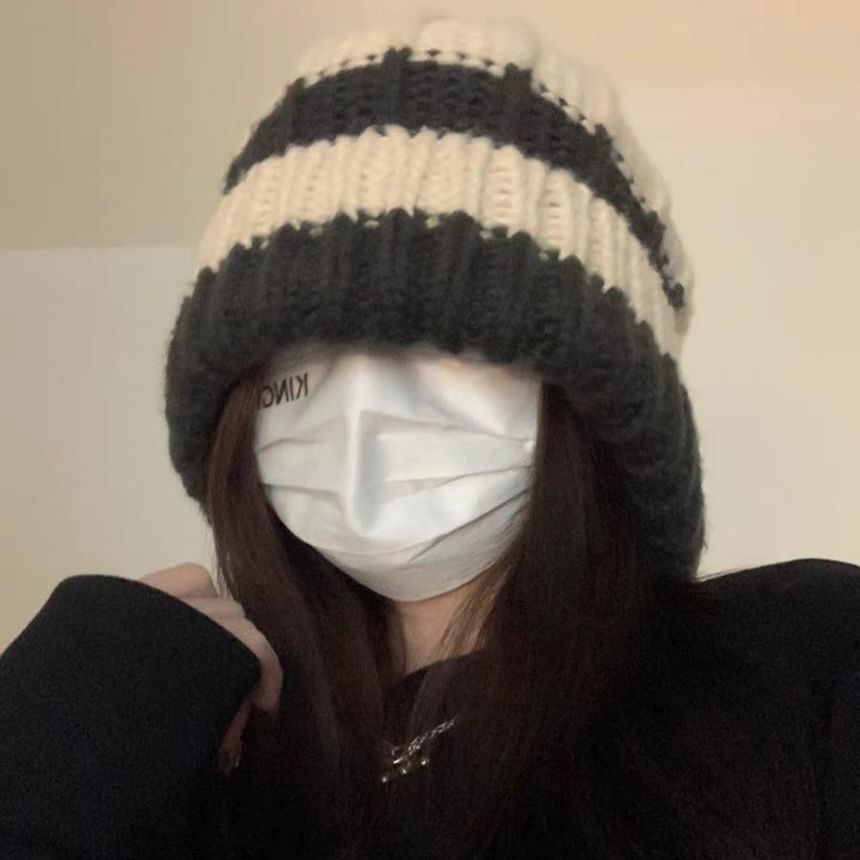 Striped / Plain Ribbed Beanie