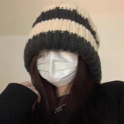 Striped / Plain Ribbed Beanie