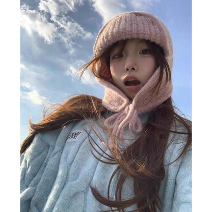 Plain Knit Balaclava / Bear Fluffy Hat