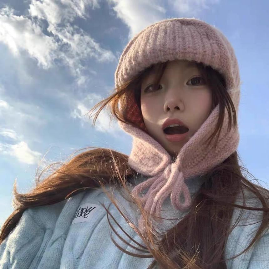 Plain Knit Balaclava / Bear Fluffy Hat