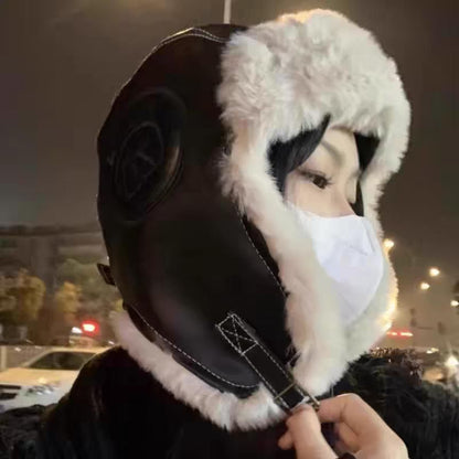 Panel Faux Leather Trapper Hat / Plain Panel Fluffy Hat