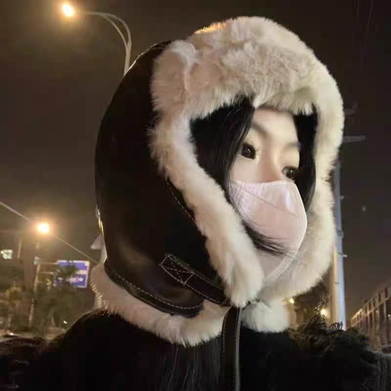 Panel Faux Leather Trapper Hat / Plain Panel Fluffy Hat