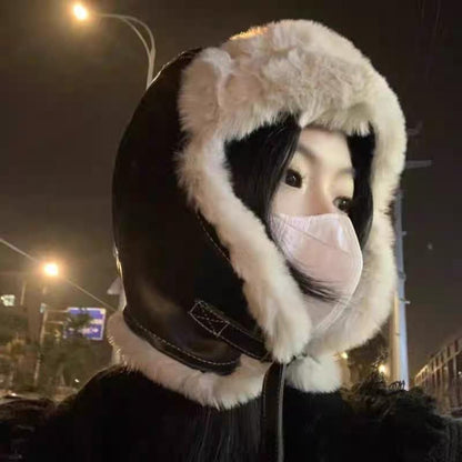 Panel Faux Leather Trapper Hat / Plain Panel Fluffy Hat