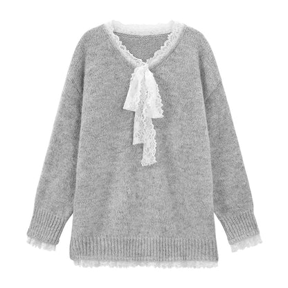 Oversized V-Neck Knit Sweater with Delicate Lace Trim