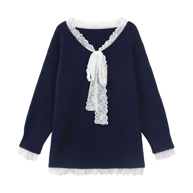 Oversized V-Neck Knit Sweater with Delicate Lace Trim
