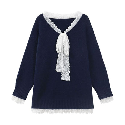 Oversized V-Neck Knit Sweater with Delicate Lace Trim
