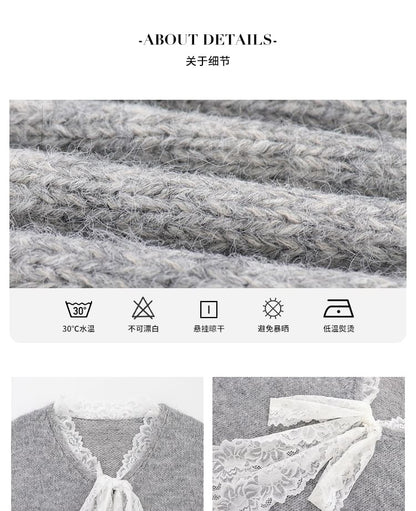 Oversized V-Neck Knit Sweater with Delicate Lace Trim