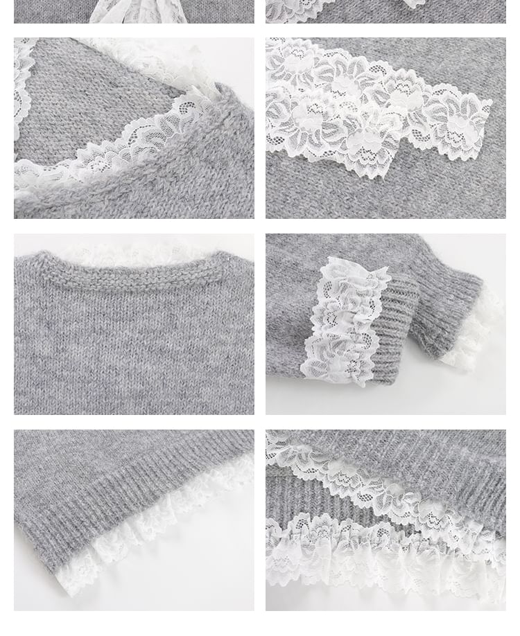Oversized V-Neck Knit Sweater with Delicate Lace Trim
