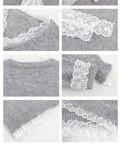 Oversized V-Neck Knit Sweater with Delicate Lace Trim