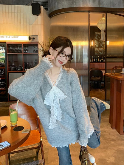 Oversized V-Neck Knit Sweater with Delicate Lace Trim