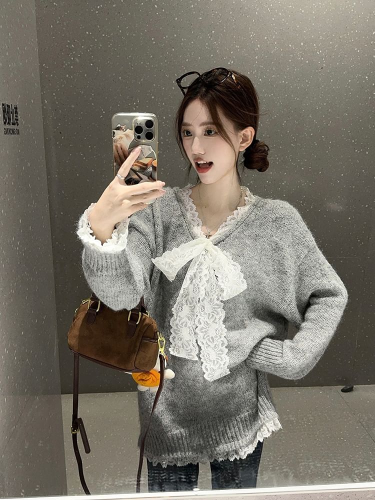 Oversized V-Neck Knit Sweater with Delicate Lace Trim