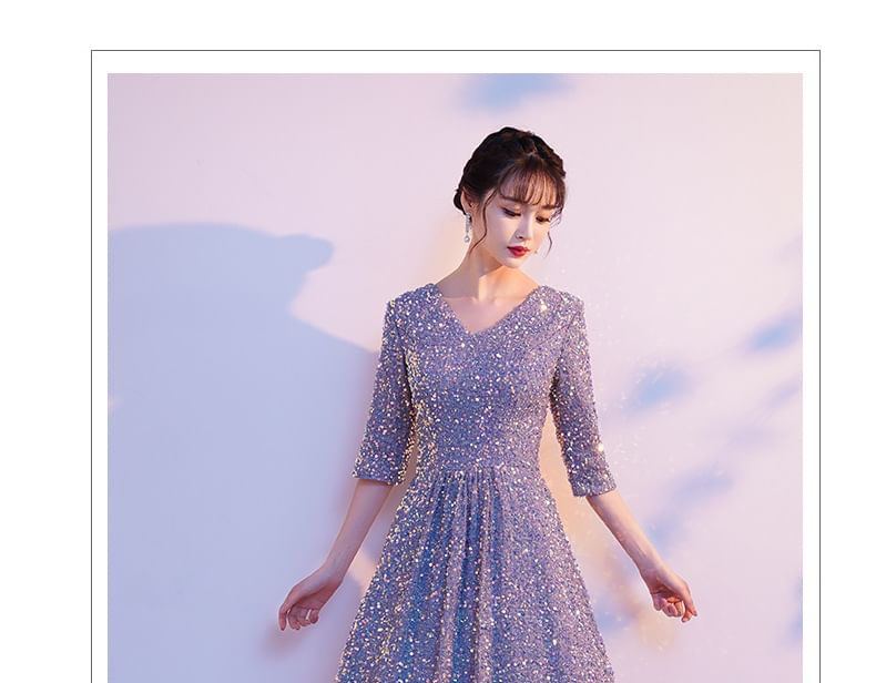 Sequin Gown Elbow-Sleeve A-Line Evening V-Neck