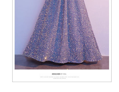 Elbow-Sleeve V-Neck Sequin A-Line Evening Gown