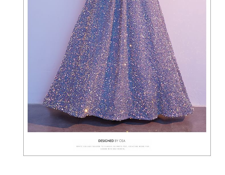 Sequin Gown Elbow-Sleeve A-Line Evening V-Neck