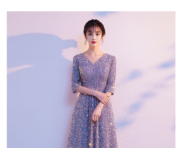 Sequin Gown Elbow-Sleeve A-Line Evening V-Neck