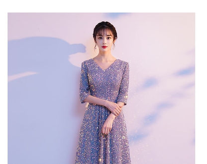 Sequin Gown Elbow-Sleeve A-Line Evening V-Neck