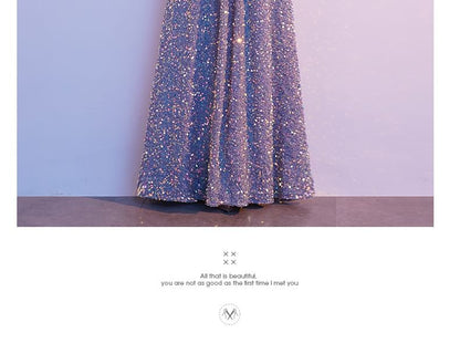 Sequin Gown Elbow-Sleeve A-Line Evening V-Neck