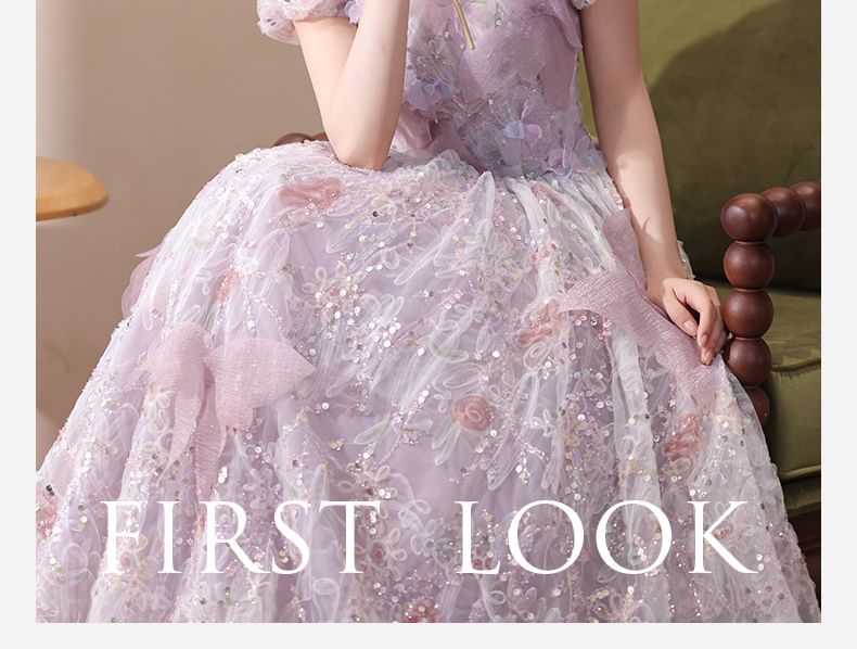 Puff-Sleeve Flower Embroidered Sequin A-Line Evening Gown