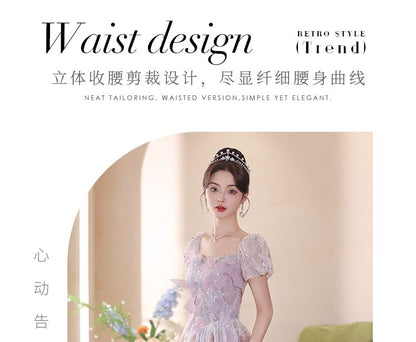 Puff-Sleeve Flower Embroidered Sequin A-Line Evening Gown