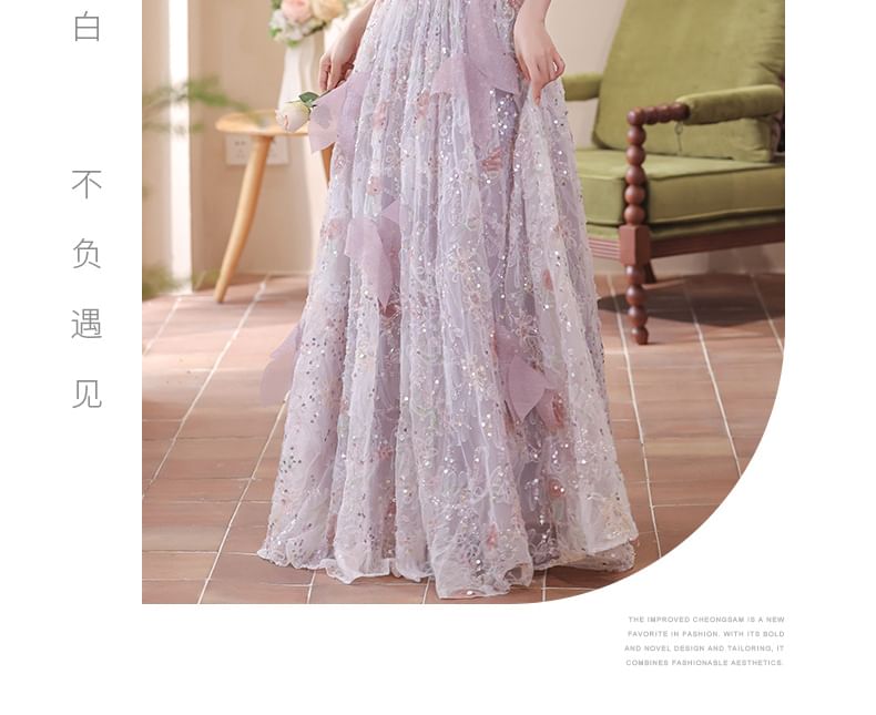 Puff-Sleeve Flower Embroidered Sequin A-Line Evening Gown
