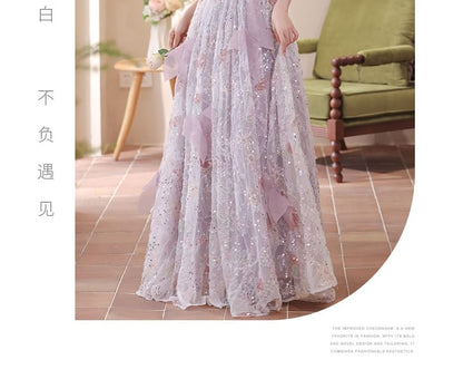 Puff-Sleeve Flower Embroidered Sequin A-Line Evening Gown