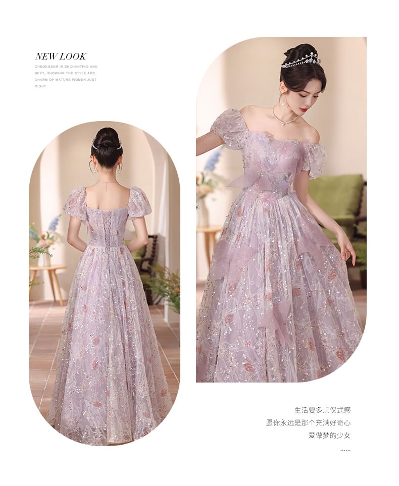 Puff-Sleeve Flower Embroidered Sequin A-Line Evening Gown