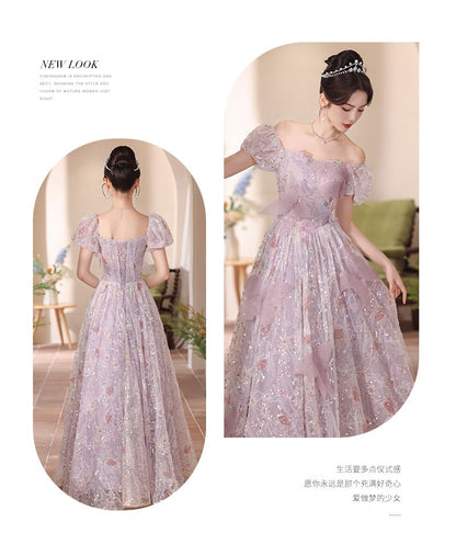 Puff-Sleeve Flower Embroidered Sequin A-Line Evening Gown