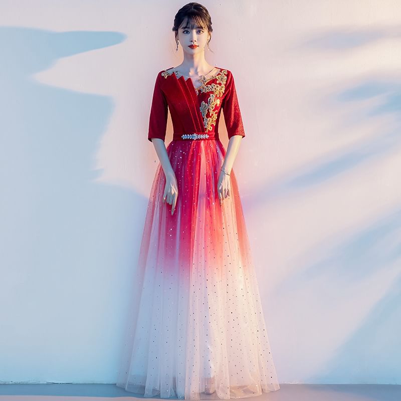 Elbow-Sleeve Flower Embroidered Gradient Sequin A-Line Evening Gown