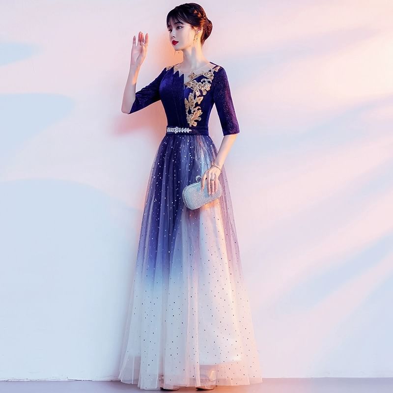 Elbow-Sleeve Flower Embroidered Gradient Sequin A-Line Evening Gown